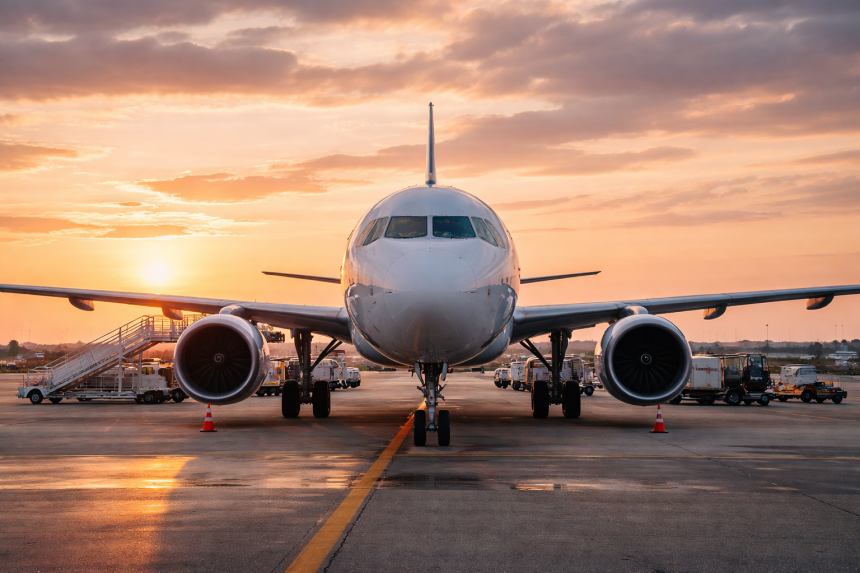 Samolot na płycie lotniska o zachodzie słońca