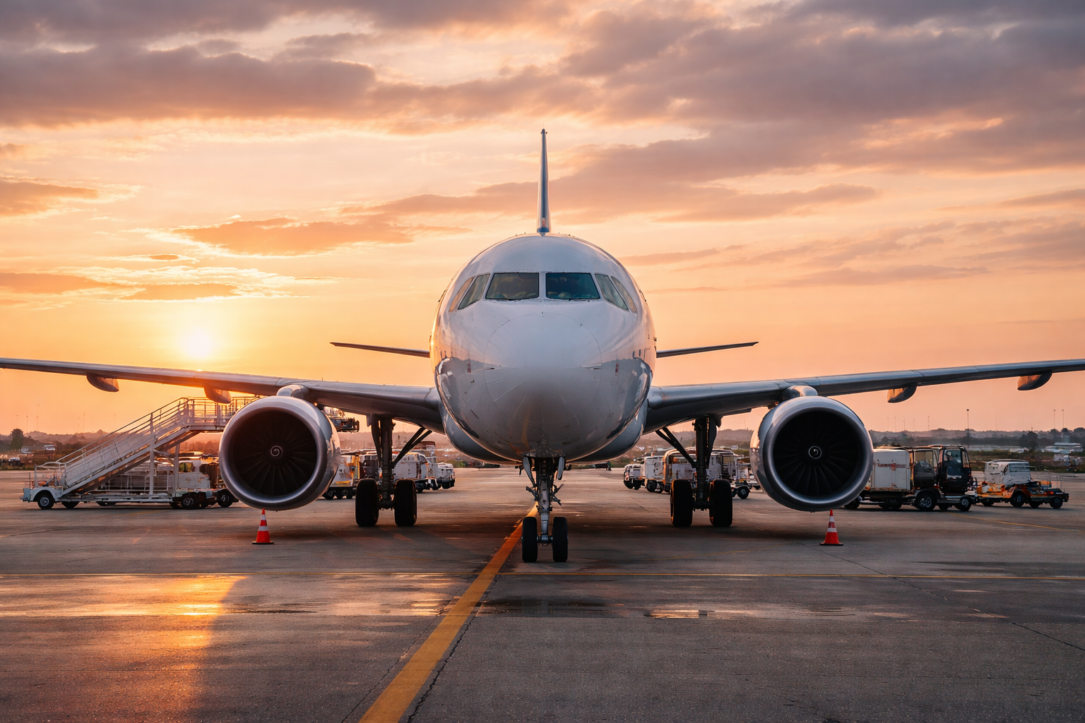Samolot na płycie lotniska o zachodzie słońca