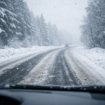 Zimowa droga z widokiem przez szybę