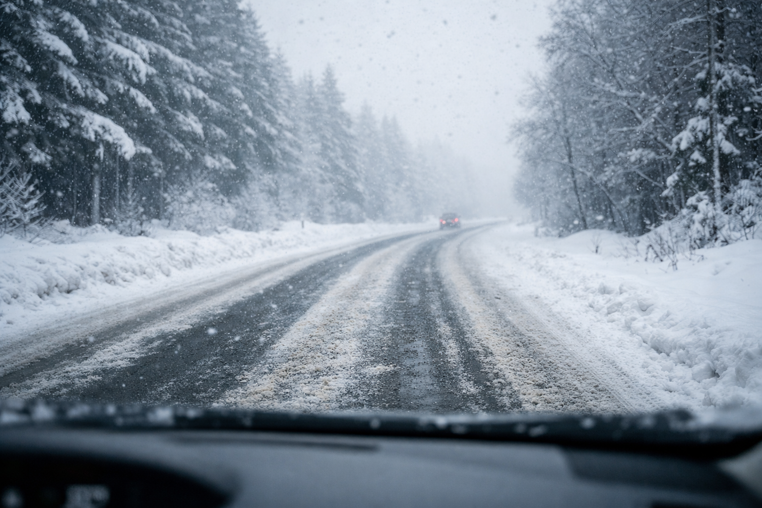 Zimowa droga z widokiem przez szybę